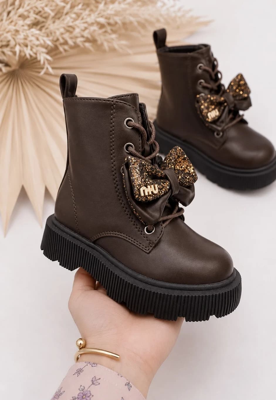 Sparkle Bow Veter Boots - Bruin